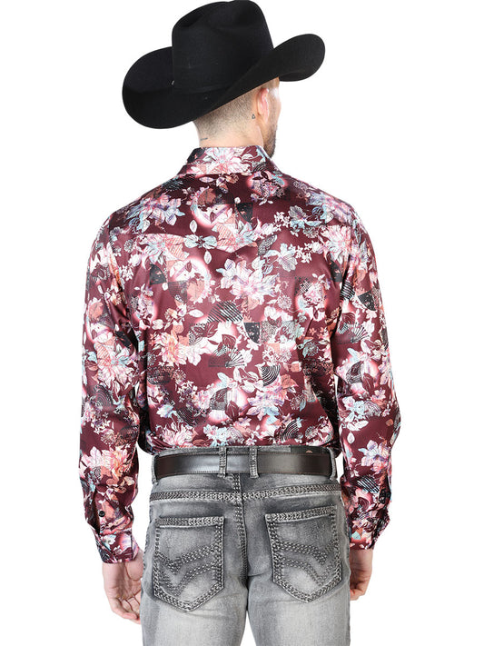 Camisa casual de manga larga con estampado floral en vino y beige 43936