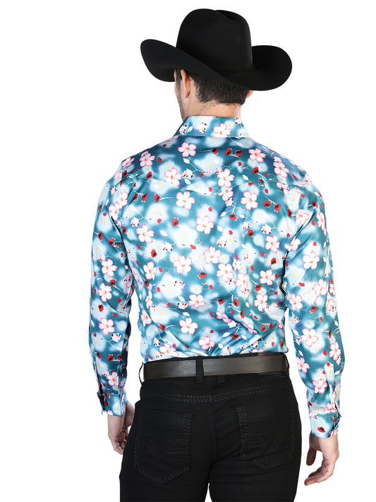 Camisa Aqua Flowers de manga larga casual 43943