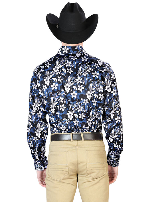 Camisa informal de manga larga con estampado floral azul 43954