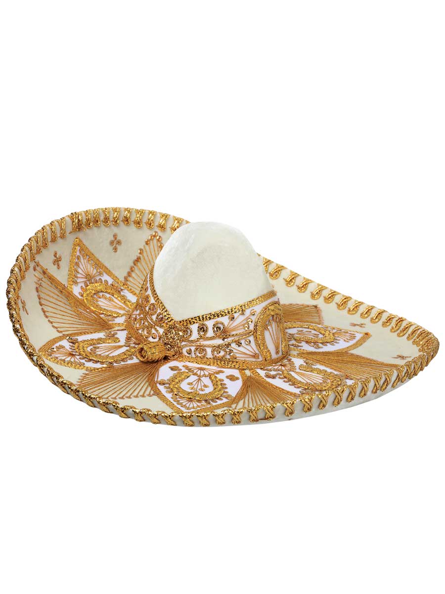 Sombrero de charro mexicano para adulto, terciopelo marfil/dorado 600209