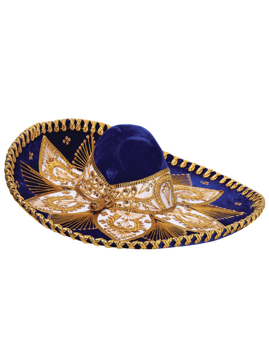 Sombrero de charro mexicano para adulto, terciopelo azul real/dorado 600214