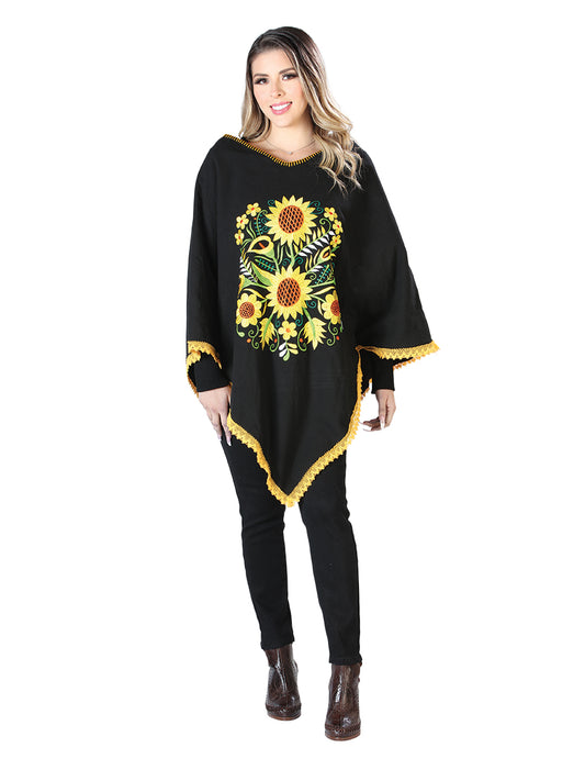 Poncho bordado artesanal 50% algodón, 50% poliéster Negro 603827