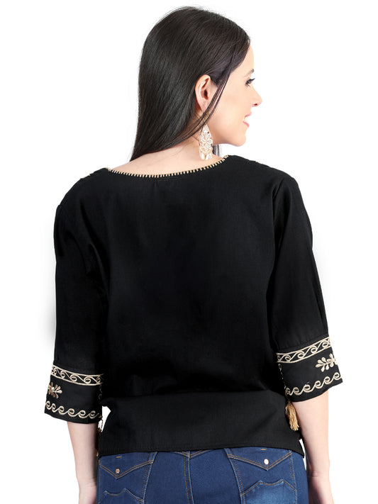 Blusa bordada artesanalmente, 100% algodón, negra, 603960
