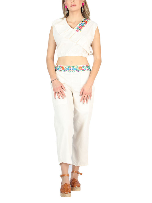 Conjunto bordado artesanal 100% algodón beige 604049