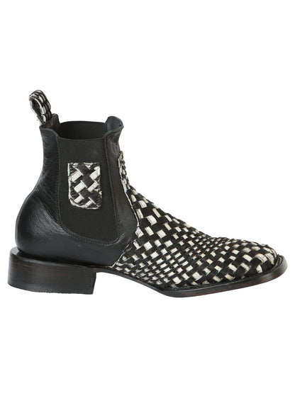 El General Men’s Rodeo Ankle Boots  Woven Hair-On Leather -  Black/White 45175
