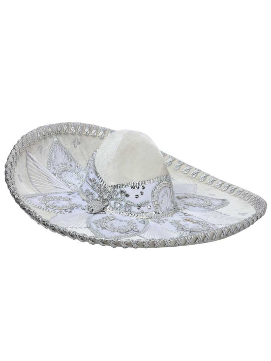 Sombrero de charro mexicano para adulto, terciopelo blanco/plateado 600206