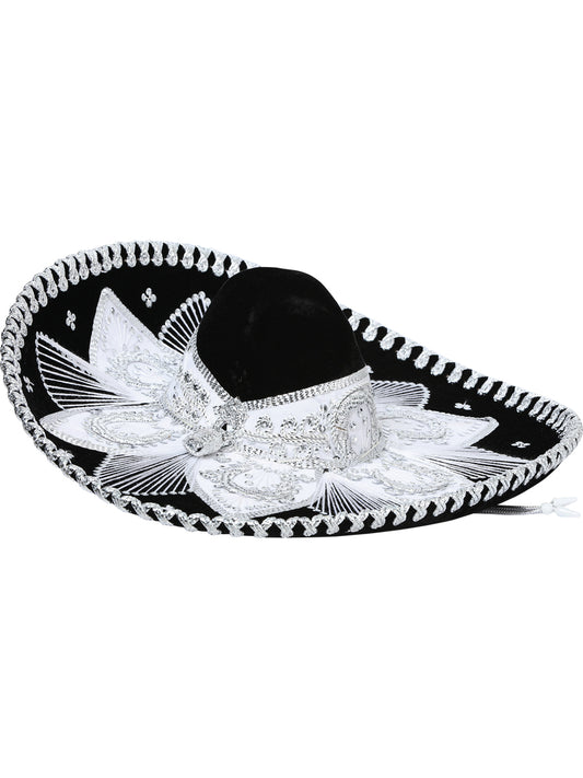 Sombrero de charro mexicano para adulto, terciopelo negro/plateado 600207