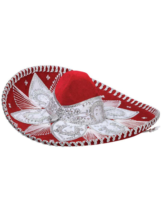 Sombrero de charro mexicano para adulto, terciopelo rojo/plateado 600210