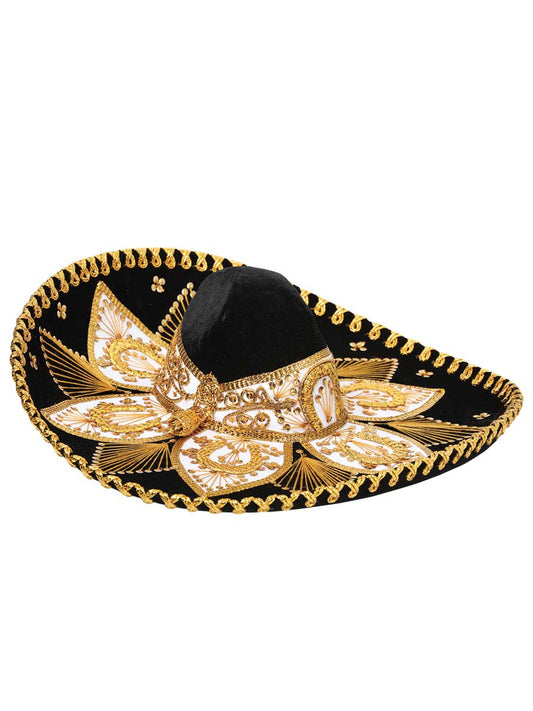 Sombrero de charro mexicano para adulto, terciopelo negro/dorado 600212
