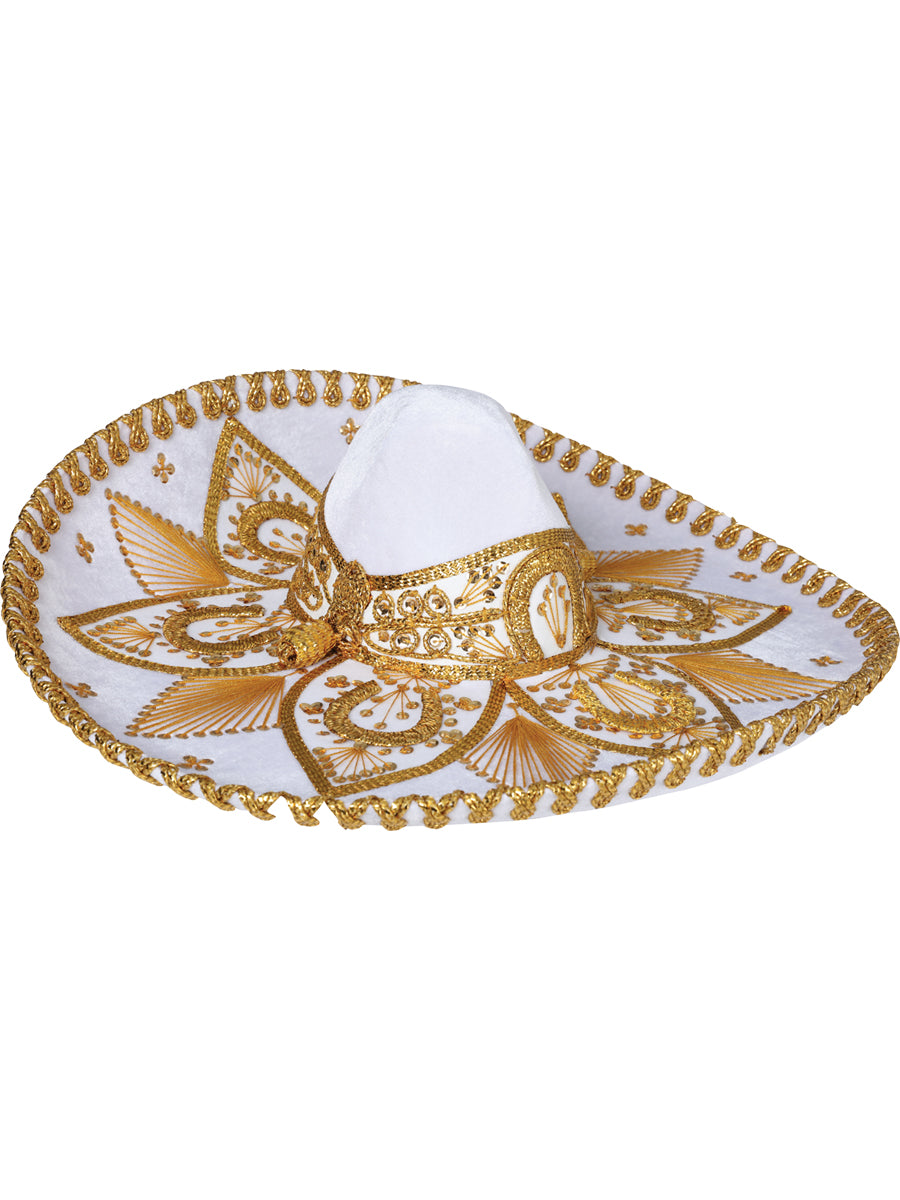 Sombrero de charro mexicano para adulto, terciopelo blanco/dorado 600758