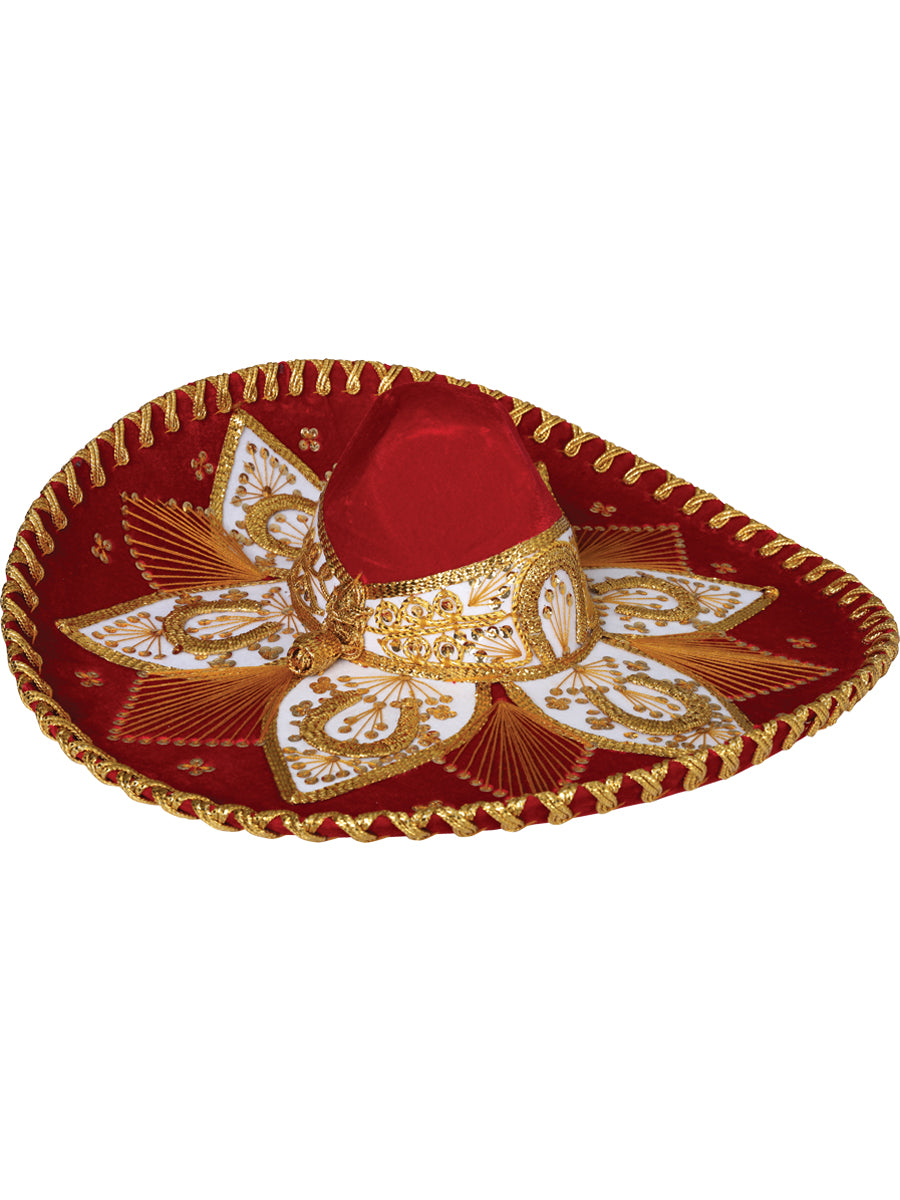 Sombrero de charro mexicano para adulto, terciopelo rojo/dorado 600767