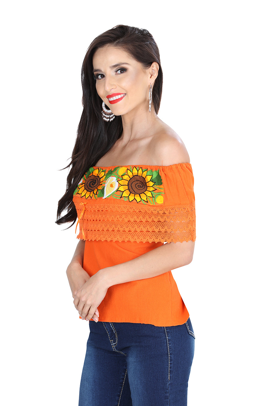 Blusa bordada artesanalmente, 50% algodón, 50% poliéster, color naranja, modelo 601283