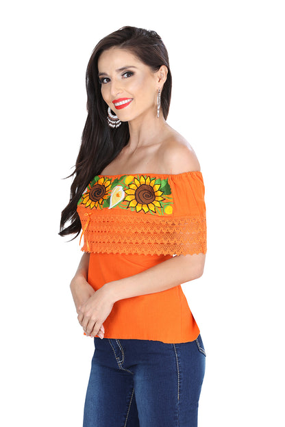 Blusa bordada artesanalmente, 50% algodón, 50% poliéster, color naranja, modelo 601283