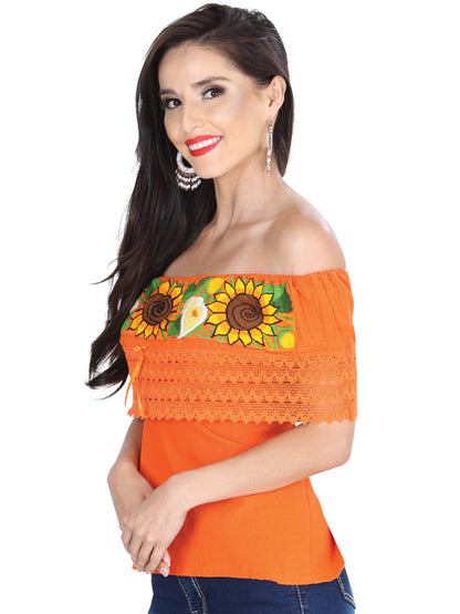 Blusa bordada artesanalmente, 50% algodón, 50% poliéster, color naranja, modelo 601283